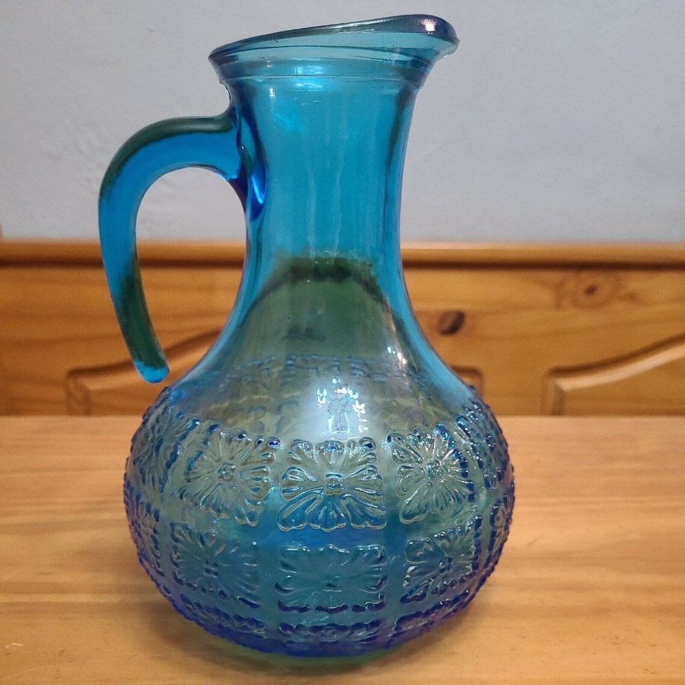 Vintage Blue Rossini Italian Empoli Art Glass Pitcher approx 9" tall, beautiful